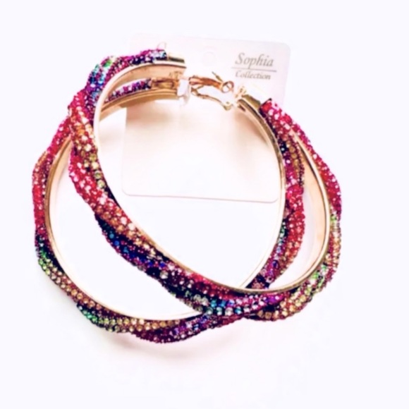 BLING🛍🆕RAINBOW TWISTED RHINESTONE HOOP EARRINGS - Picture 4 of 5